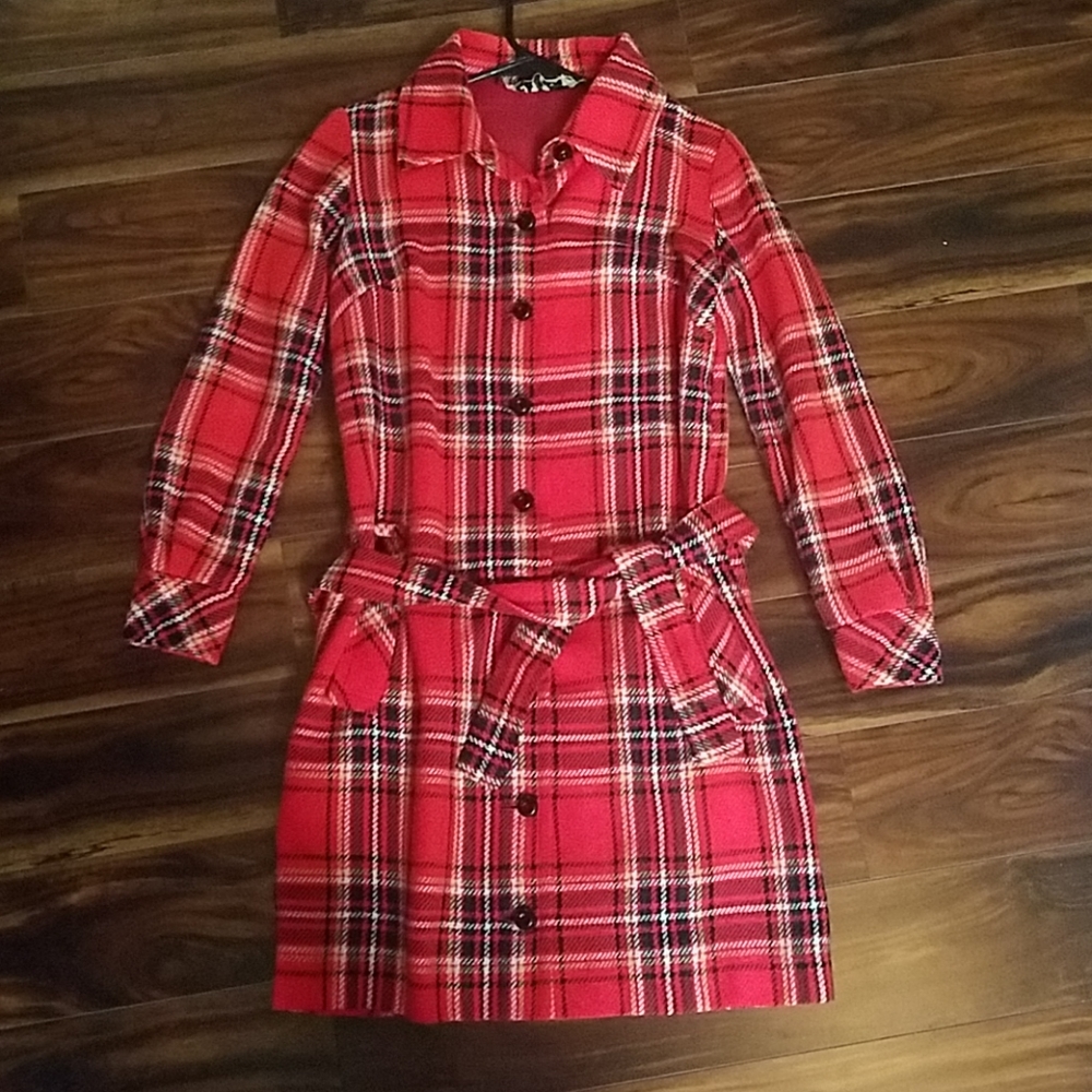 🍁🍁🍁Vintage Orange and black plaid belted coat